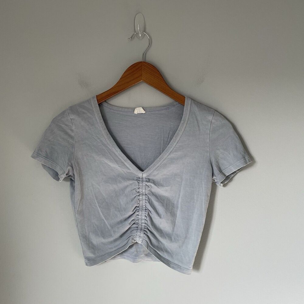 Wilfred Free Ruched Crop Top Tee Light Blue Cotton Boho Women's Size 2XS